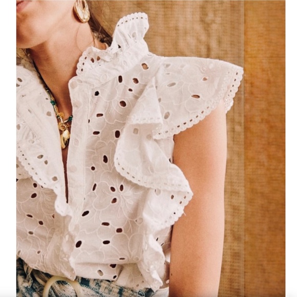 Sezane White Chiara Eyelet Ruffled Cotton Blouse Sz XS / US2 / FR34 - Picture 3 of 11